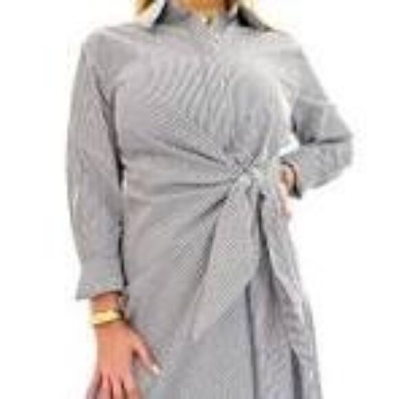 Taylor Tillman Samantha Dress M Brown Striped Cotton Long Sleeve Belted Midi - Picture 7 of 8